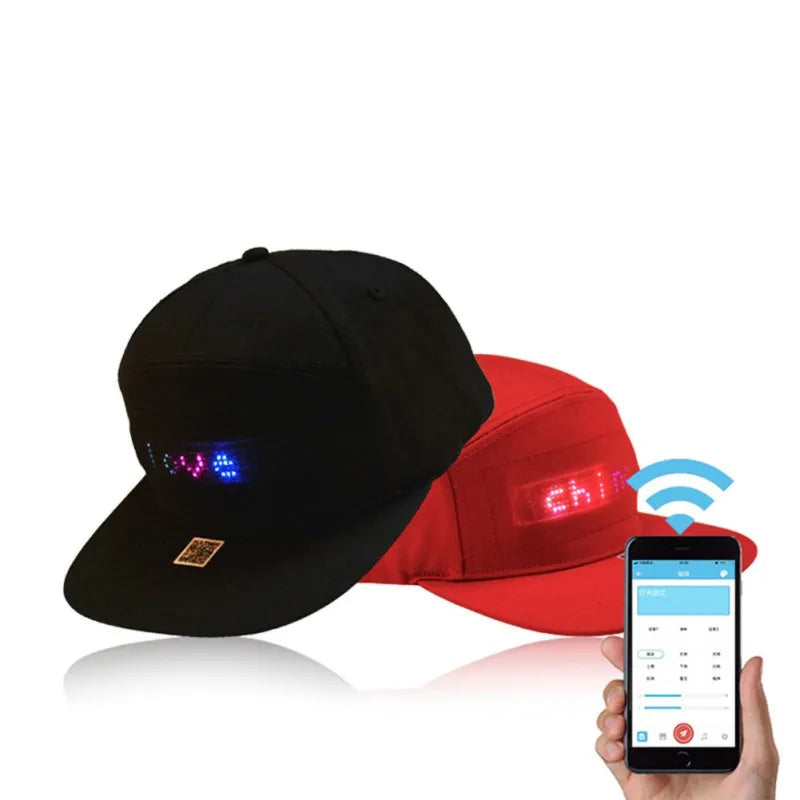 Multi-color LED text display hat.