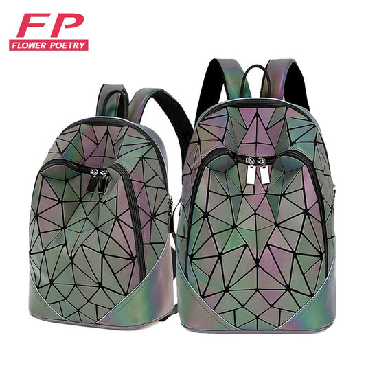 Hip girl's backpack with triangle geometric patterns.